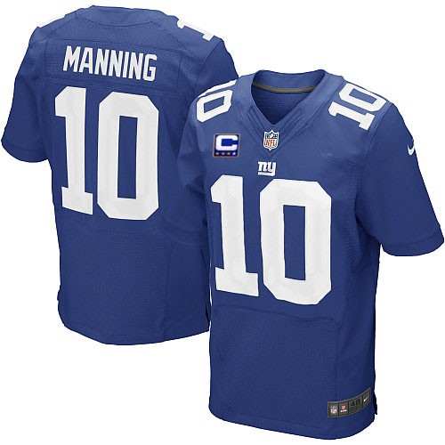 Men's Elite Eli Manning C Patch Nike Jersey Royal Blue Home - #10 NFL New York Giants